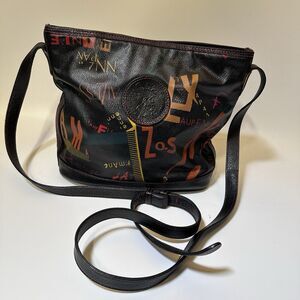 Carlos Falchi Leather Crossbody Purse Black Graffiti Print Geometric Artsy Y2K